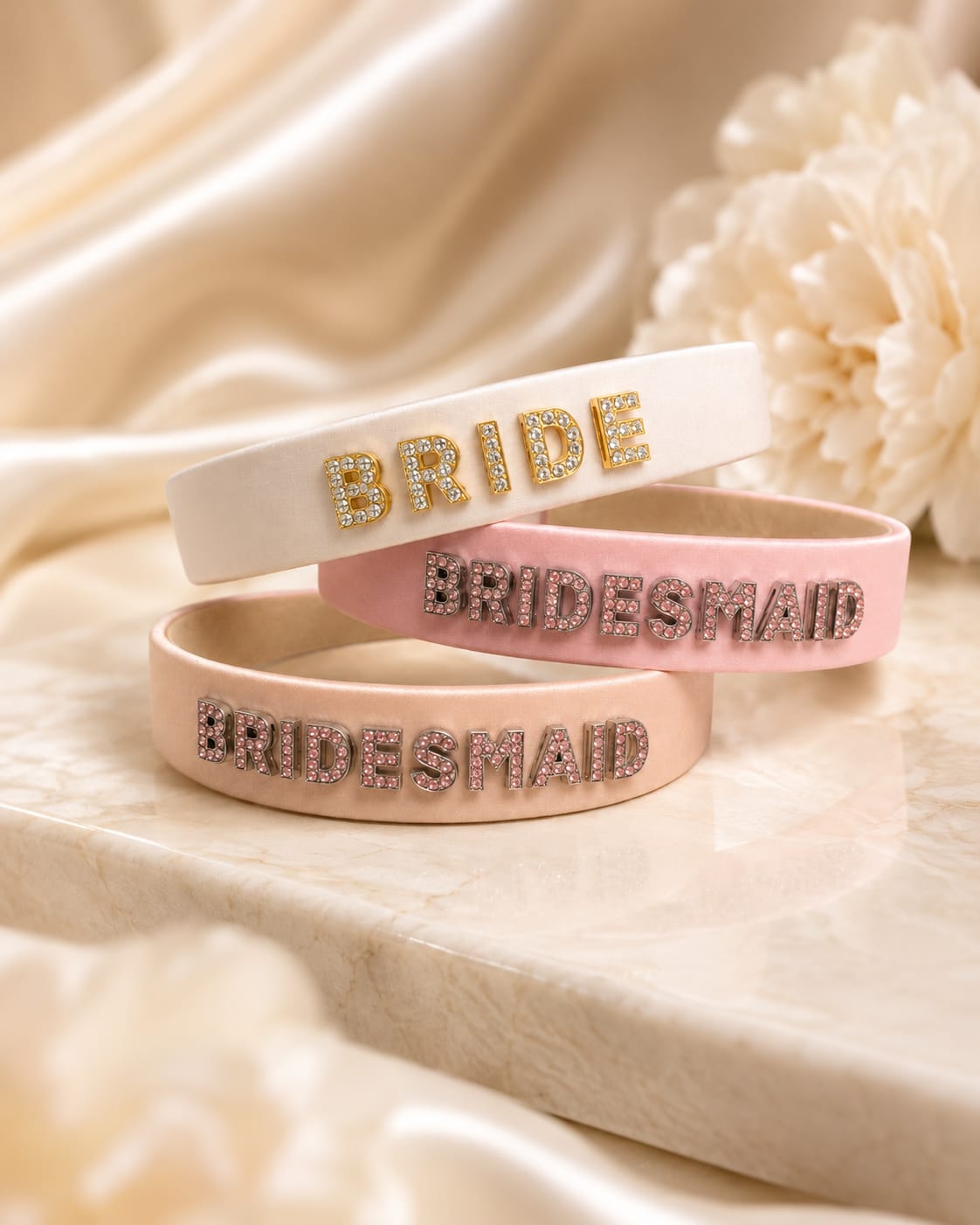 Ivory, pink and champagne bridal party headbands with floral styling