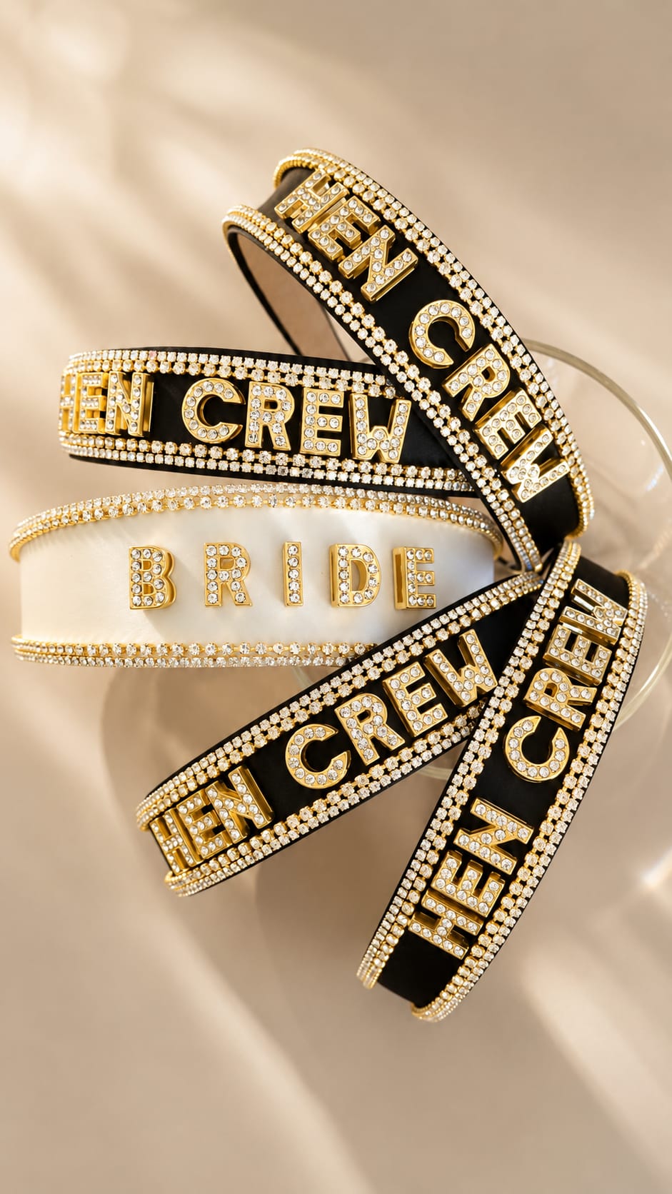 Black and ivory crystal headbands made for a bride and hen crew