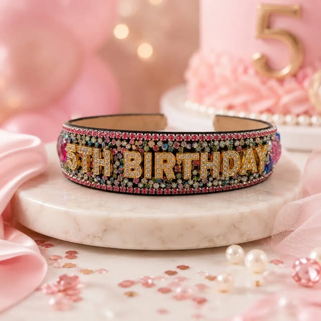 Pink crystal 5th Birthday crown on a celebration table