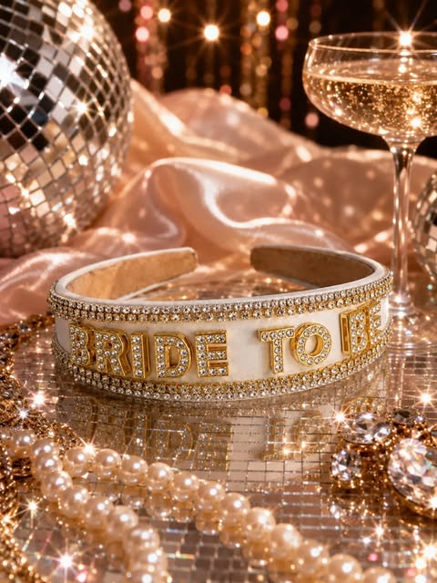 Bride To Be crown styled with pearls, champagne and a disco ball