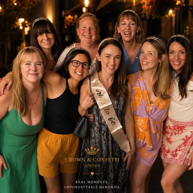 Bride and hen party wearing Crown and Confetti headbands
