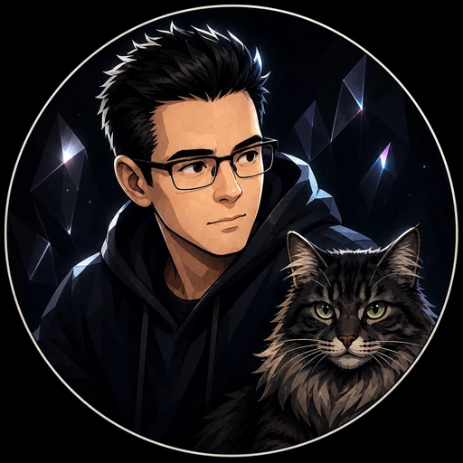 Illustrated portrait of Paul with his cat Bruce